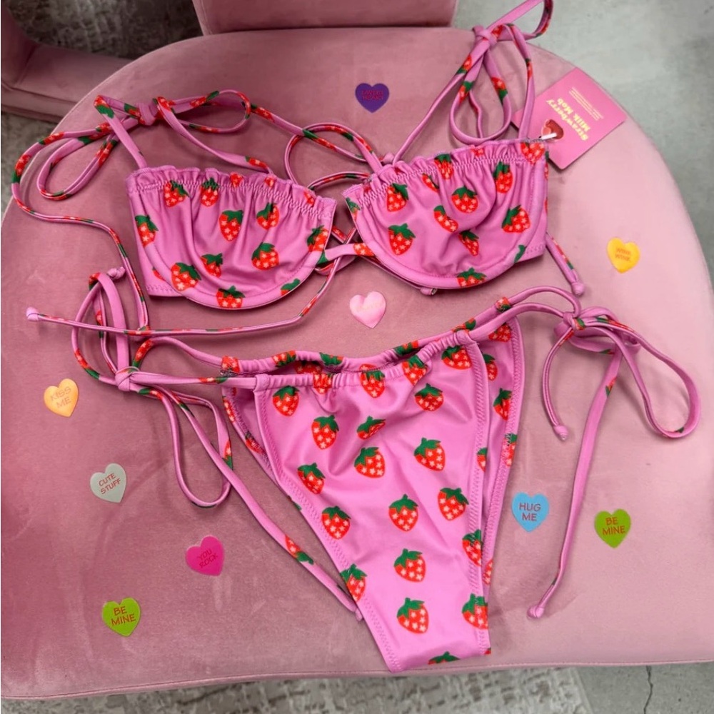 Strawberry Milk Mob Pink Strawberry Tie Bikini Set